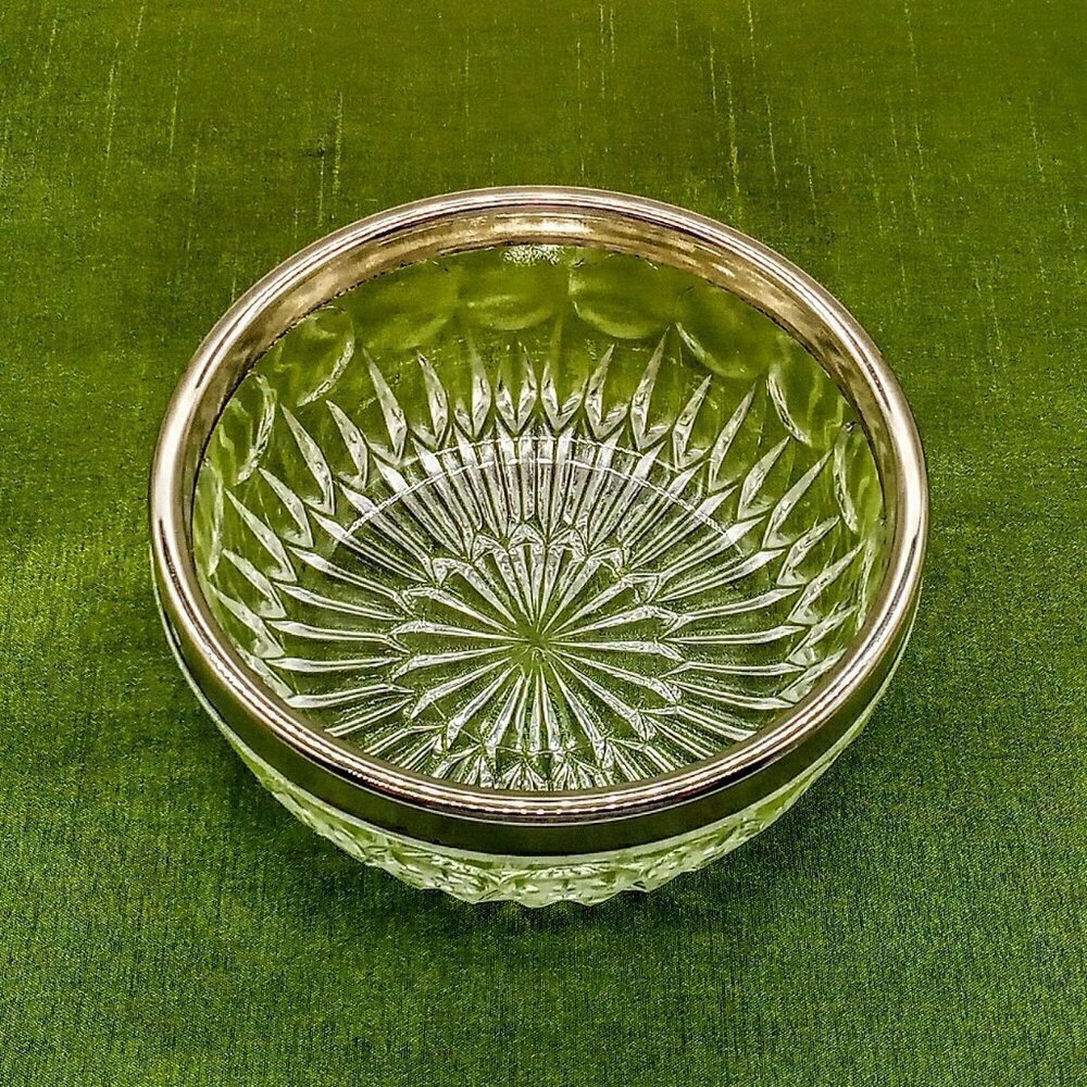 Vintage Silver Rim 5" Starburst Design Crystal Bowl